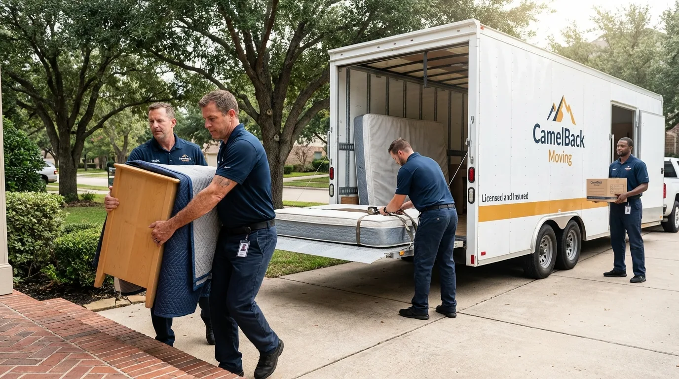 Crew loading residential truck for cross-state move from Cohasset, MA