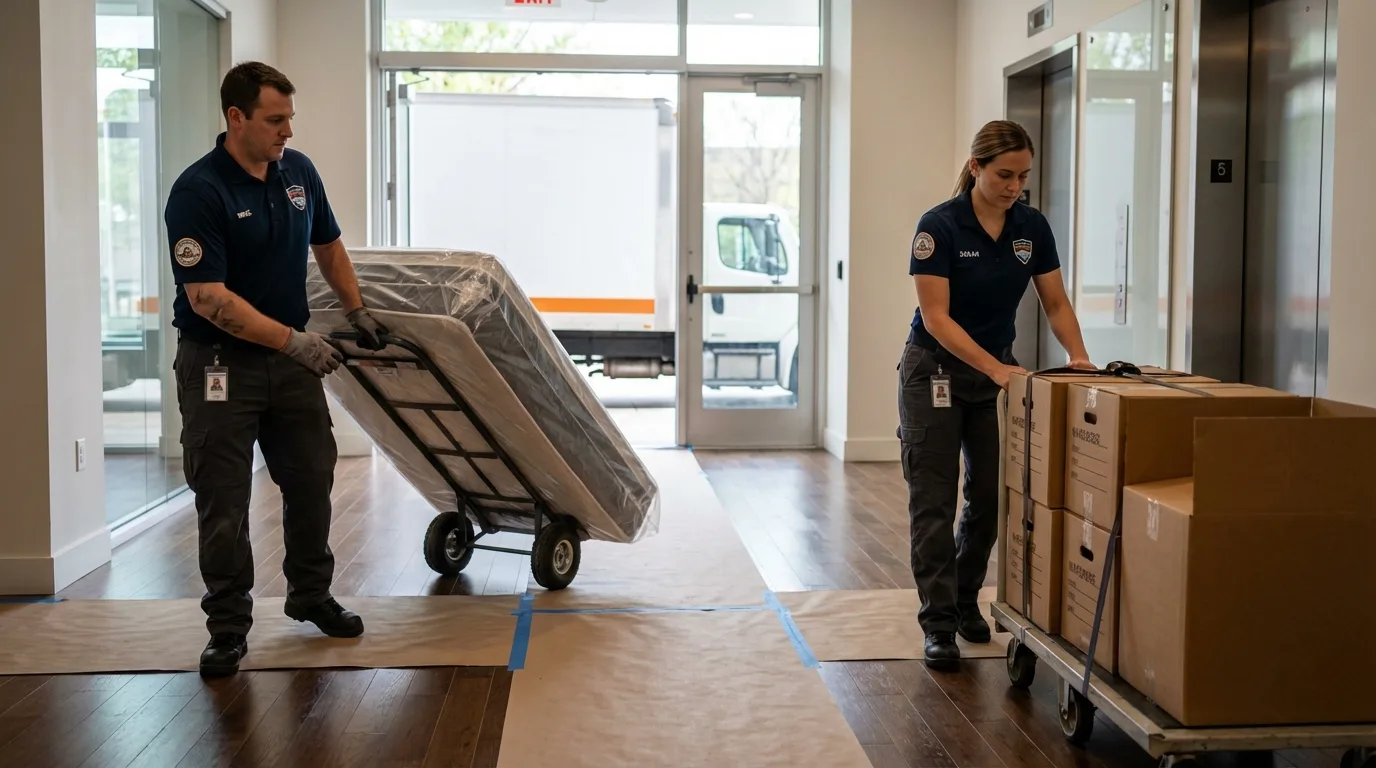 Professional apartment movers loading elevator in Cohasset, MA